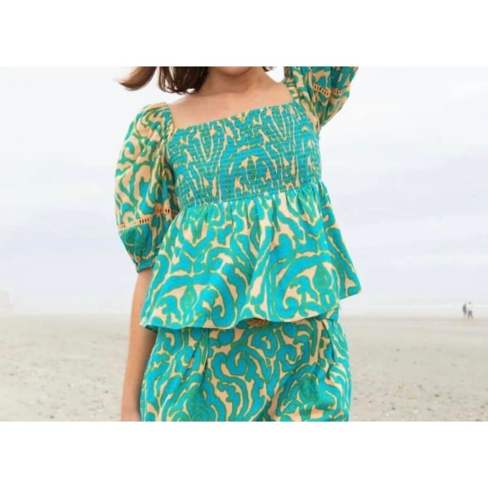 Anna Cate Ava Top Smocked Puff Sleeve Turquoise & Peach Abstract small (GG70)